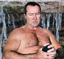 hairy man waterfall swimming