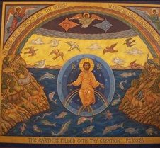 Creation Mural Creation Mural- 
created in 2009 for St. Andrew Orthodox Church, Riverside, CA., 
Medium: Acrylic on Canvas
size: 10'X 12'